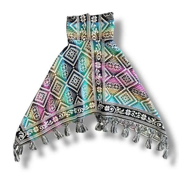 Boho Woven Poncho Womens One Size Colorful Tassels Fringe Geometric Boho Tribal - Picture 7 of 11